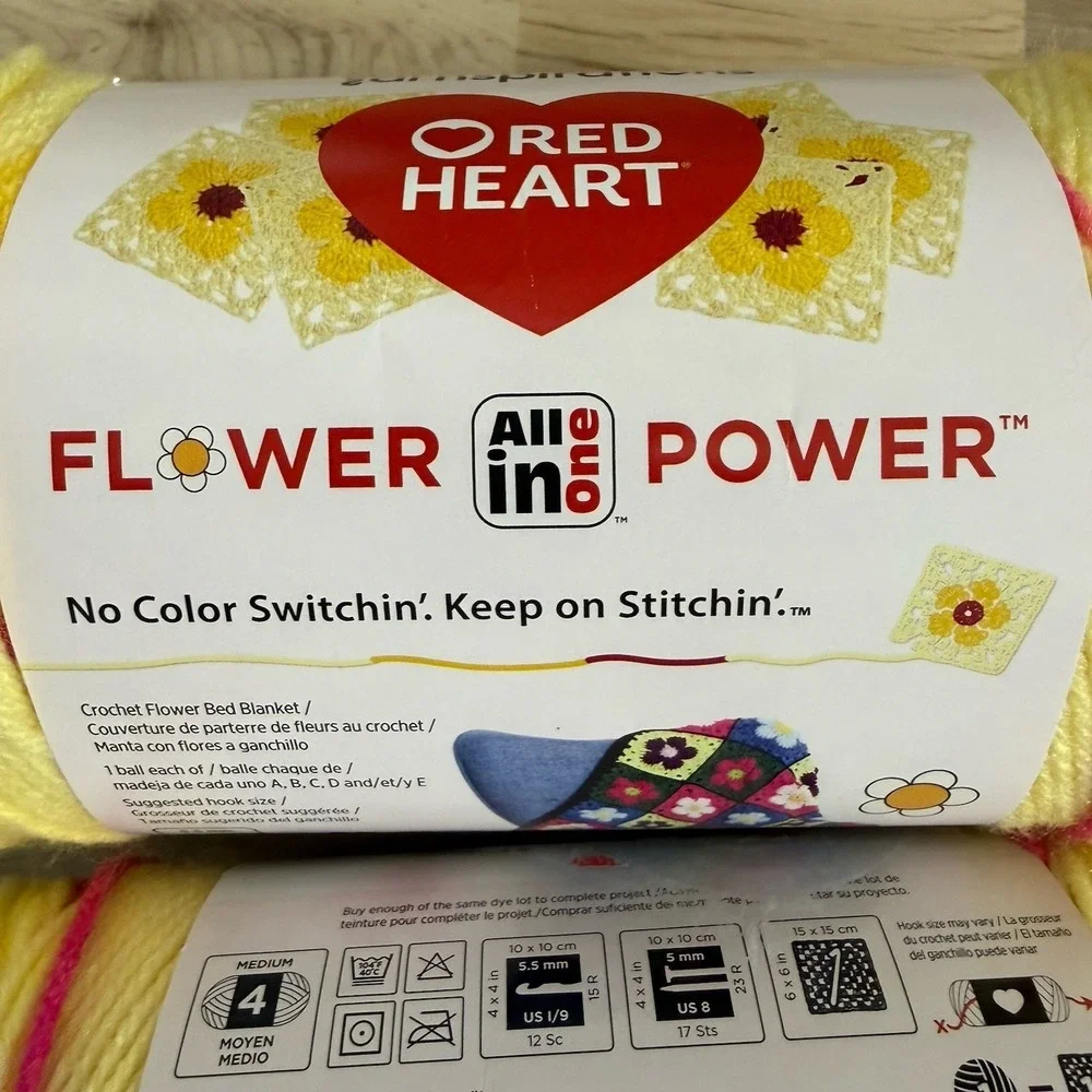 Red Heart All in One Flower Power Yarn - Lot Of 4 Dilly Daylily Yellow, Hot Pink